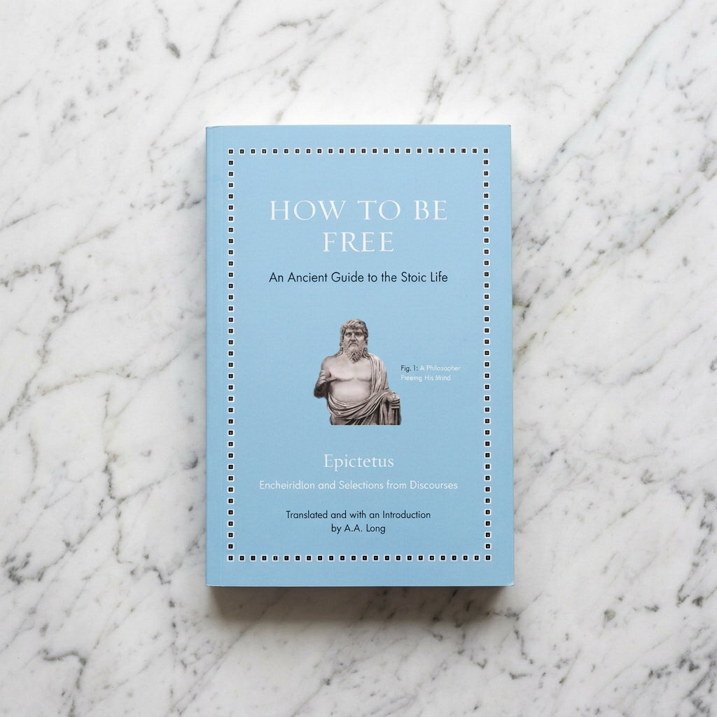 Light blue cover of How to Be Free by Epictetus, translated by A. A. Long, featuring a sculpted bust of a bearded figure.
