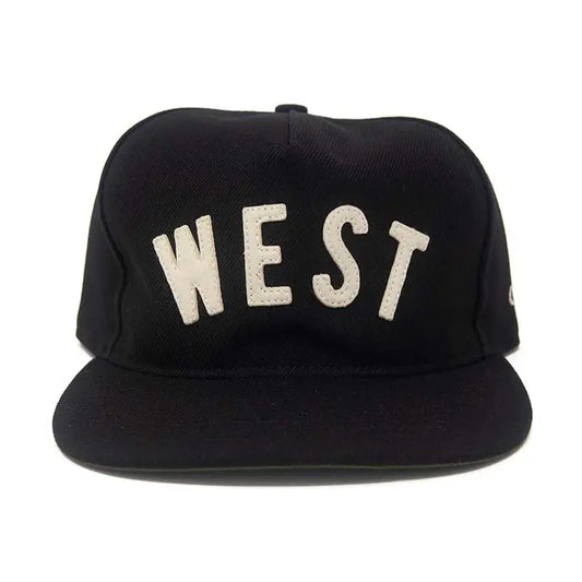 Black cap with 'WEST' embroidered on the hat against a white background. 
