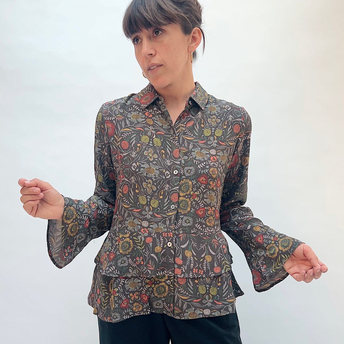 Habitat Crepe Garden Flounce Shirt in Olive, front view showing the flounce bell sleeves and double-layer flounced hem
