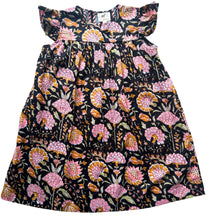 Load image into Gallery viewer, Flutter Sleeve Midi Dress in Charcoal and Pink Magnolia Block Print
