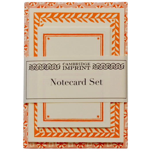 Cambridge Imprint notecard set with decorative orange border on beige background