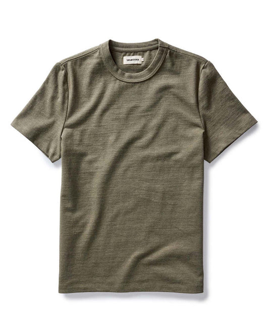 Taylor Stitch Organic Cotton Shop Tee in Army Twist, flat lay product shot on white background, army green heathered crewneck tee with Taylor Stitch interior label visible
