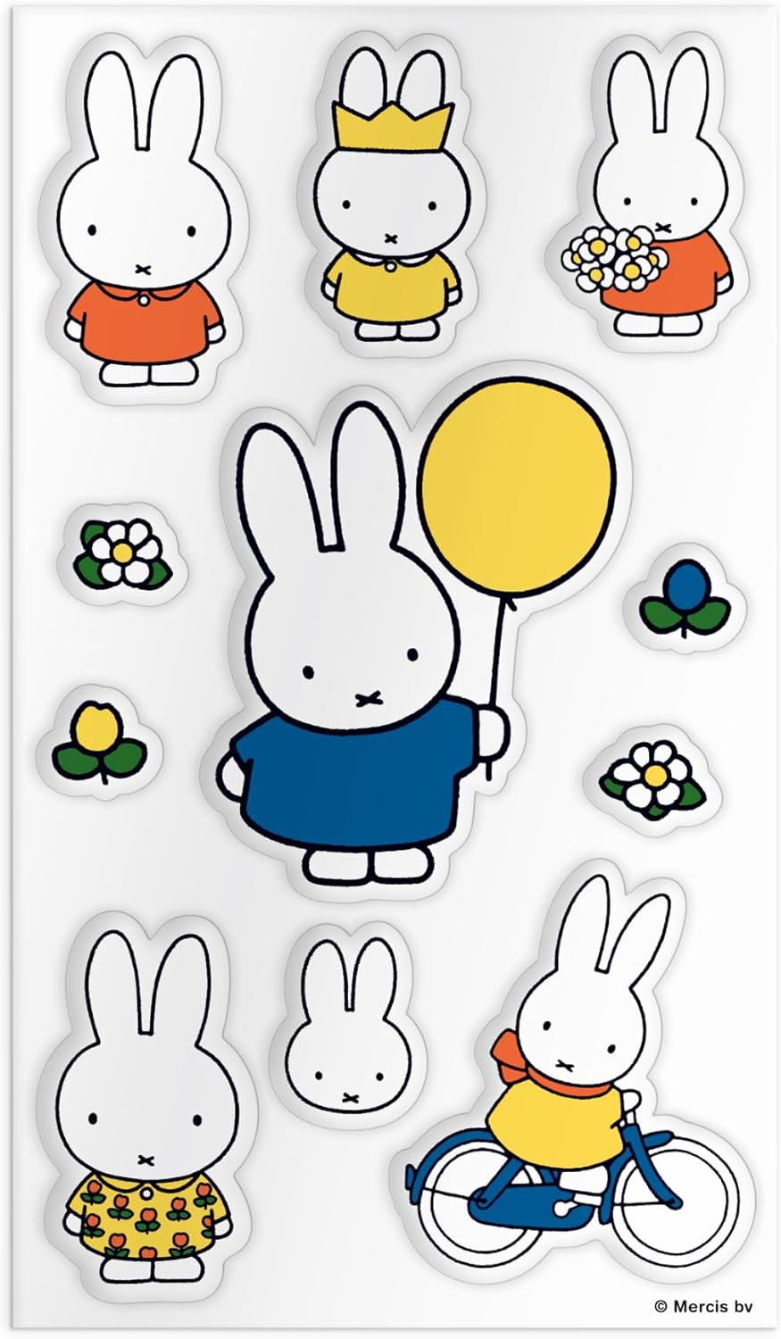 A puffy sticker sheet featuring multiple Miffy characters including Miffy in an orange dress, Miffy as a princess with a crown, Miffy holding a balloon, Miffy on a bicycle, and flower accent stickers