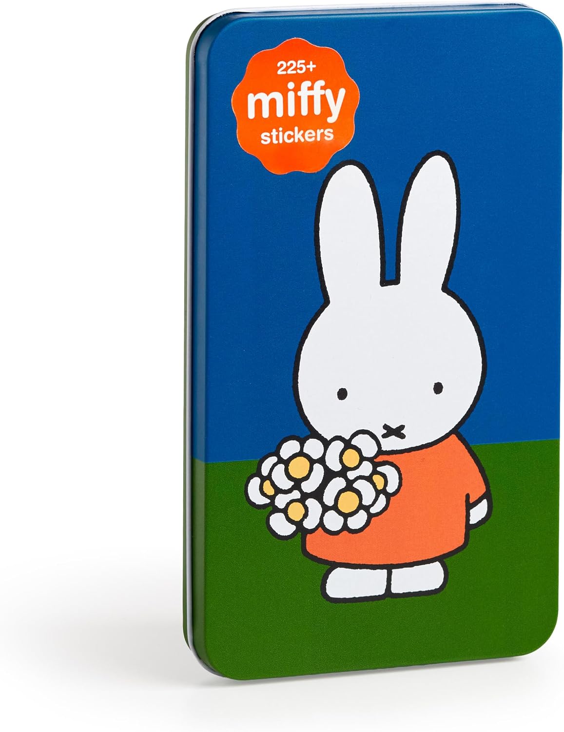 Galison Miffy Sticker Tin featuring Miffy the white bunny holding a bouquet of daisies on a blue and green background. Orange badge reads "225+ Miffy Stickers