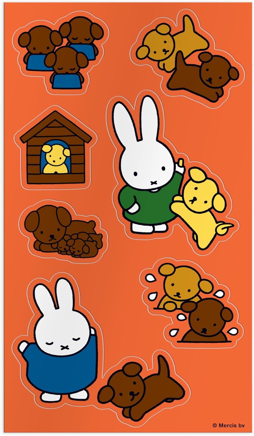 An orange sticker sheet featuring Miffy with a yellow dog friend, a dog in a kennel, sleeping puppies, and playful dog character groupings