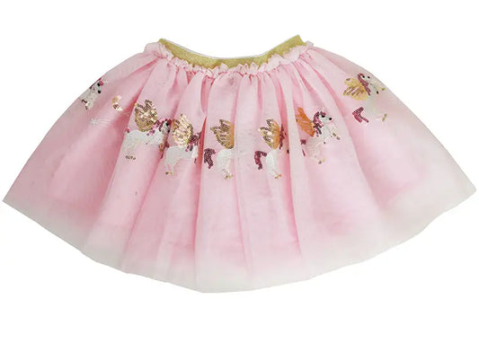 Sparkle Sisters Sequin Unicorn Tutu in Pink & Gold — a full soft pink tulle skirt with a row of sequin unicorn appliqués in white, pink, and gold along the hem, with a gold elastic waistband, on a white background