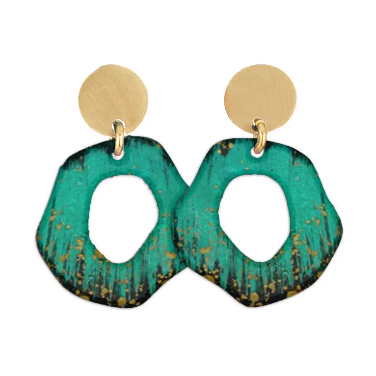 Pair of Sibilia Mancha Earrings in Forest, featuring matte gold round disc studs with large open-circle irregular drop pendants in deep forest green and black with gold speckle patina, on a white background
