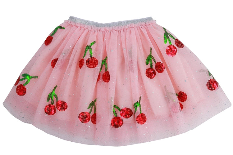 Sparkle Sisters Sequin Cherry Tutu — a full soft pink tulle skirt with red and green sequin cherry appliqués scattered throughout and a silver glitter elastic waistband, on a white background