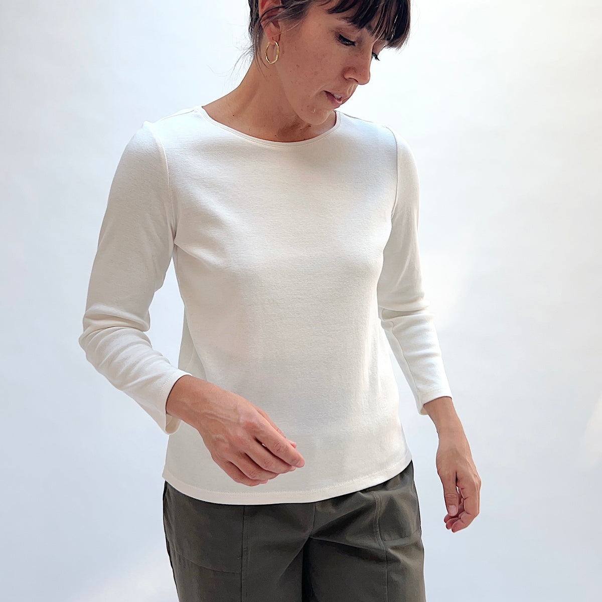 Habitat Rib Everyday Tee in Winter White, front view showing the bateau neckline and slim ribbed fit
