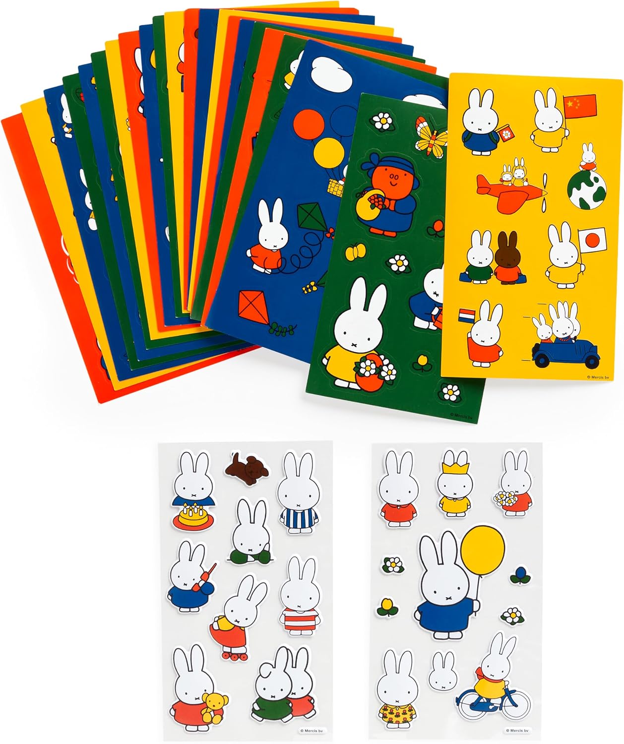 Fan of 22 colorful Miffy sticker sheets in red, blue, green, and yellow, displayed alongside two white puffy sticker sheets showing Miffy in various outfits and poses
