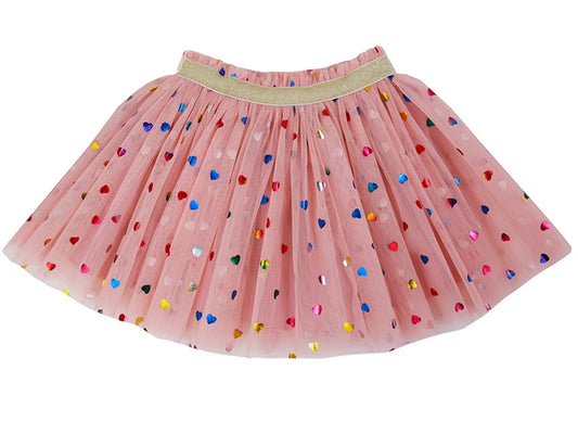 Sparkle Sisters Blush Metallic Heart Tutu — a full blush pink tulle skirt scattered with multicolor metallic heart sequins in red, blue, yellow, green, and gold, with a gold elastic waistband, on a white background