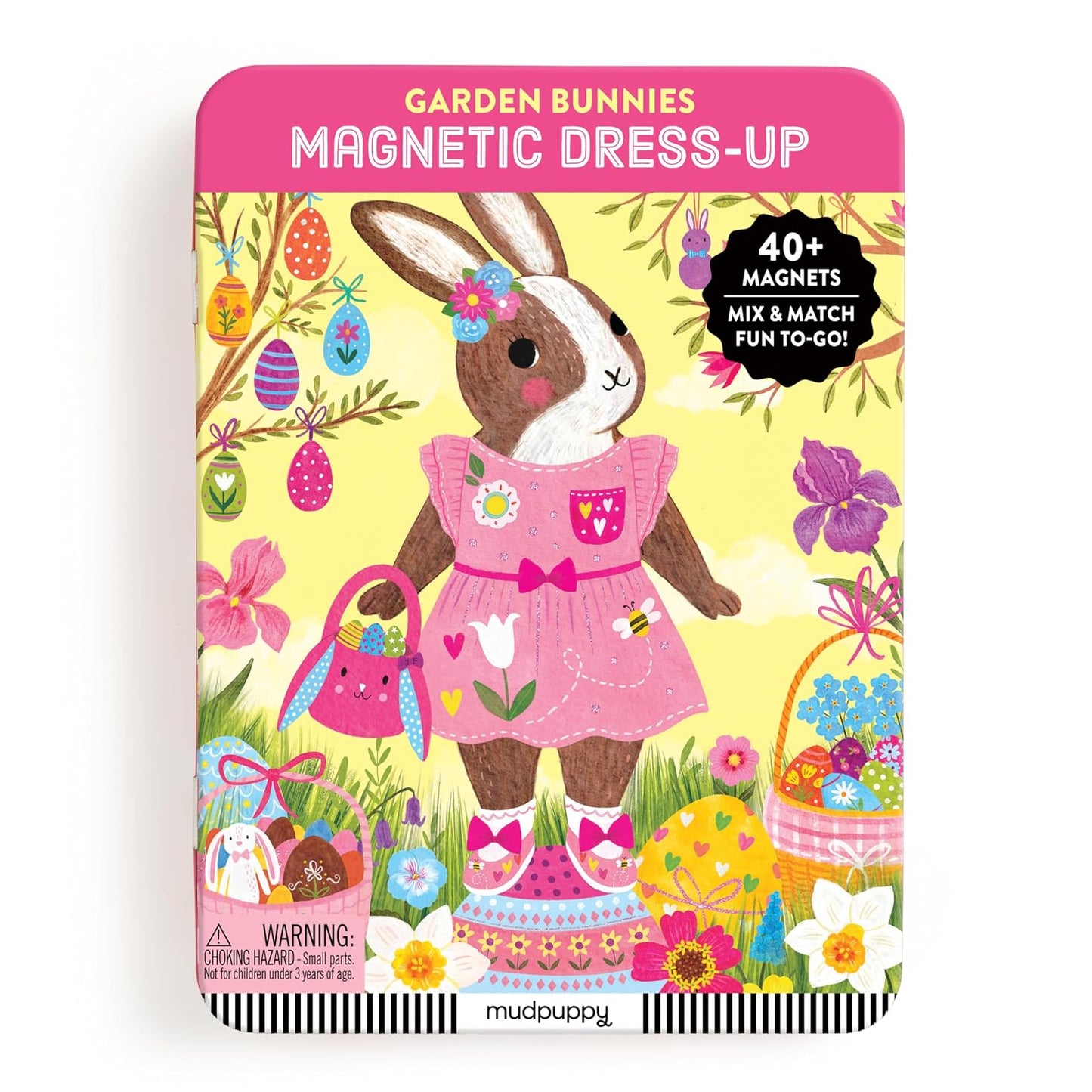 Mudpuppy Garden Bunnies Magnetic Dress-Up tin box featuring an illustrated bunny in a pink dress surrounded by colorful Easter eggs and flowers. Text reads "40+ Magnets, Mix & Match Fun To-Go!