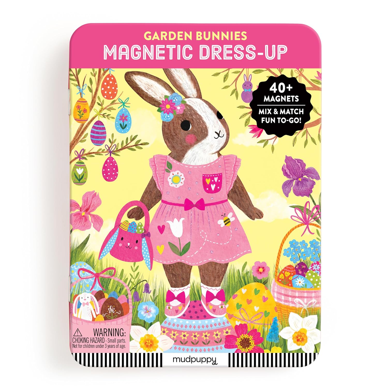 Mudpuppy Garden Bunnies Magnetic Dress-Up tin box featuring an illustrated bunny in a pink dress surrounded by colorful Easter eggs and flowers. Text reads "40+ Magnets, Mix & Match Fun To-Go!