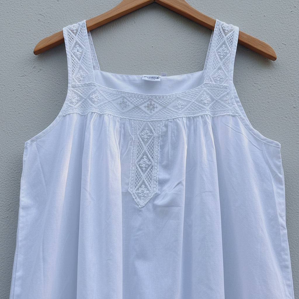 White sleeveless top with lace details on a hanger against a textured wall.