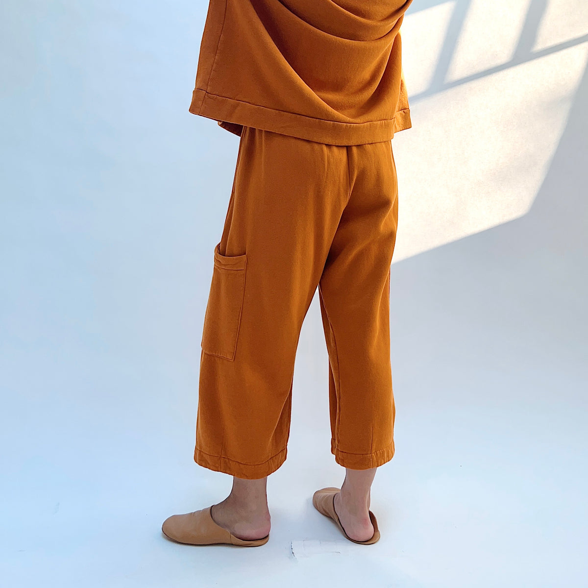Back view of Pasha Fleece Pant in Yera on a model, showing the loose cropped legs and folded hems.
