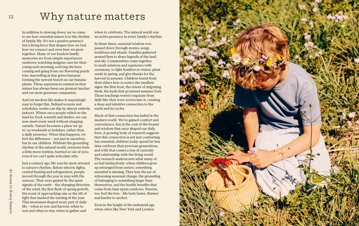 Why Nature Matters spread beside a photograph of a child wearing a flower crown and sitting outdoors with a basket.
