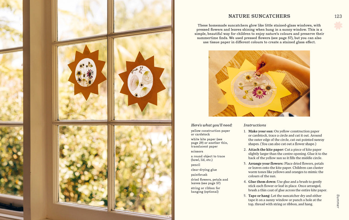 Nature Suncatchers project spread showing flower-filled paper suns on a window alongside craft instructions.
