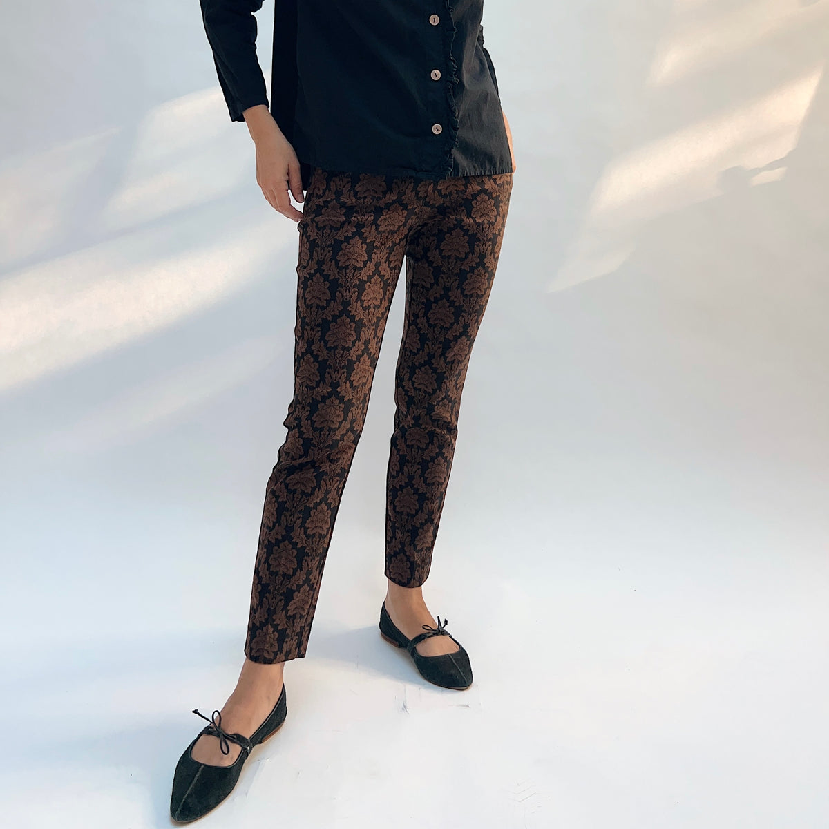 Lisette Chocolate Brocade Cigarette Pant, front view showing the slim ankle fit and chocolate damask jacquard fabric
