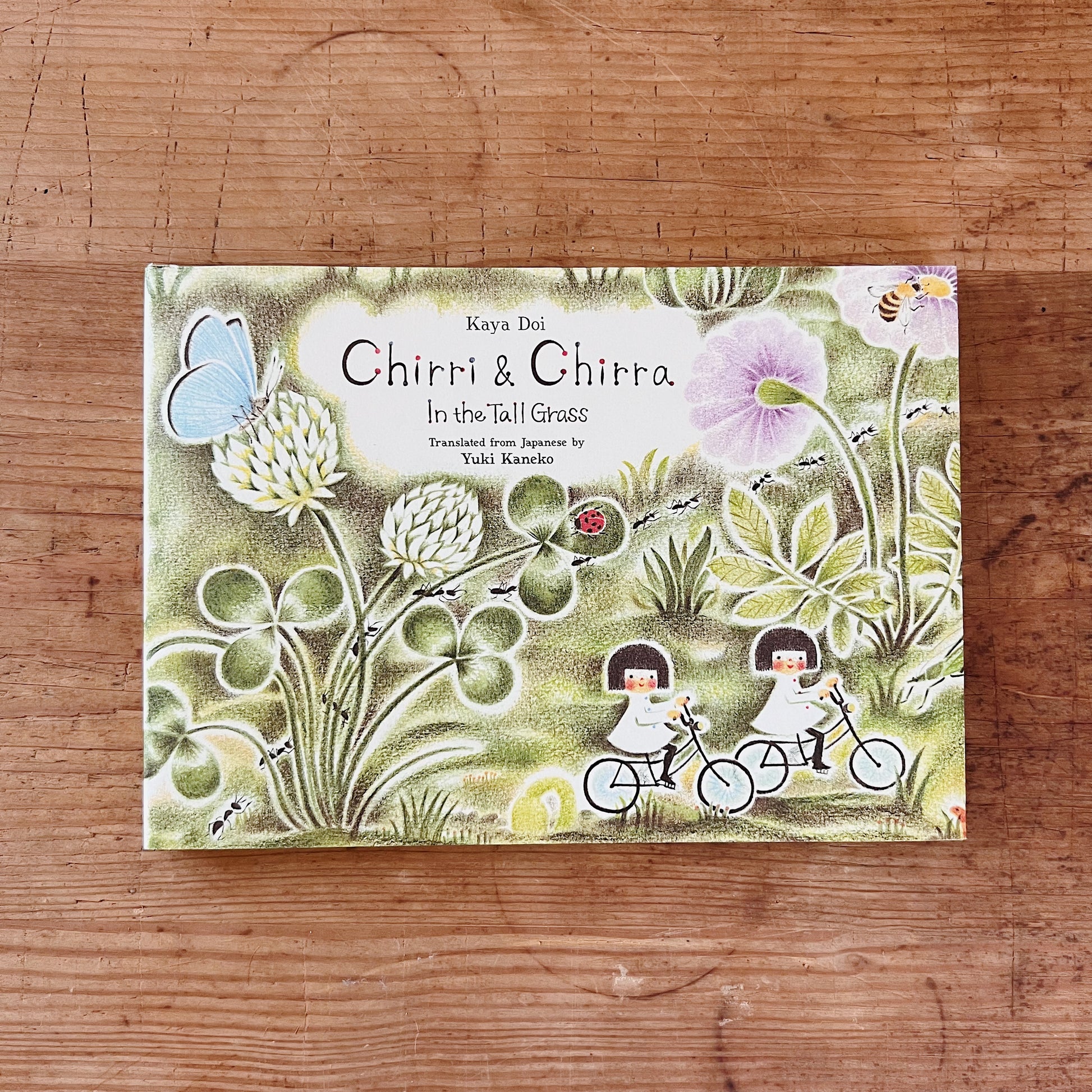 Cover of 'Chirri & Chirra: In the Tall Grass' featuring illustrations of two children on bicycles, surrounded by grass, flowers, and a butterfly.