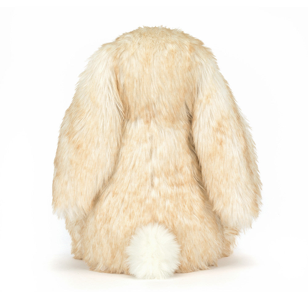 Rear view of the Jellycat Springlowe Luxe Bunny showing long floppy ears draped down the back and a small white cotton tail, on a white background