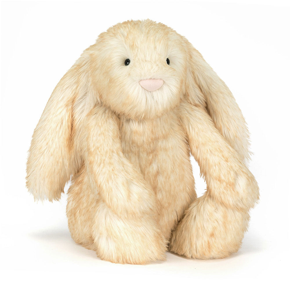 Jellycat Springlowe Luxe Bunny, a large cream-colored plush bunny with long floppy ears, black bead eyes, and a soft pink nose, shown from the front on a white background