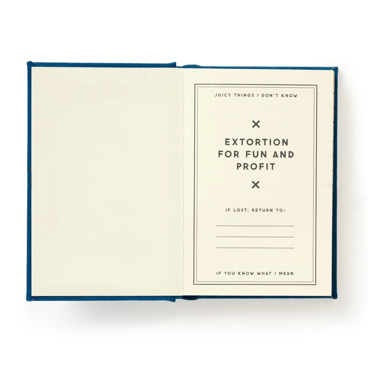 Future Blackmail Diary open to a title page reading “Extortion for Fun and Profit,” with lines for return information.
