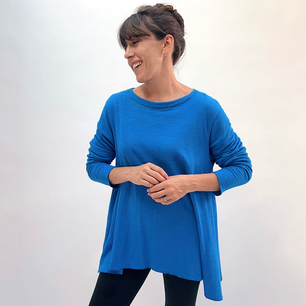 North Star Base Double Cotton Longer Angel Hem Tee in North Sea, front view showing the relaxed A-line silhouette and raw-edge neckline in north sea blue
