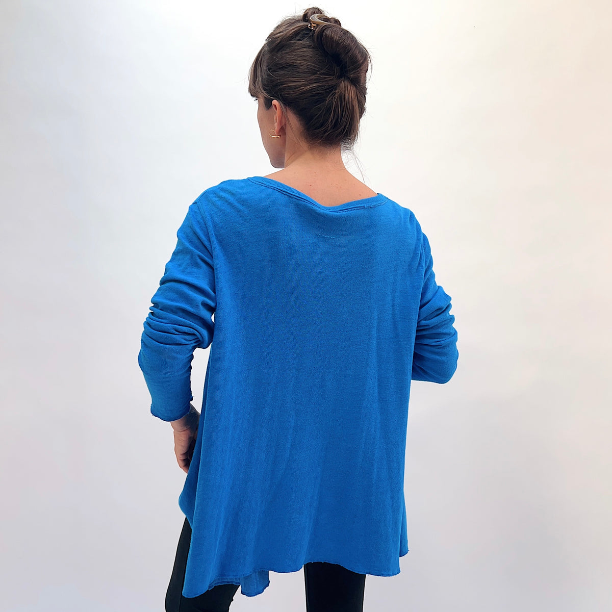 North Star Base Double Cotton Longer Angel Hem Tee in North Sea, back view showing the longer angel hem and relaxed silhouette in north sea blue
