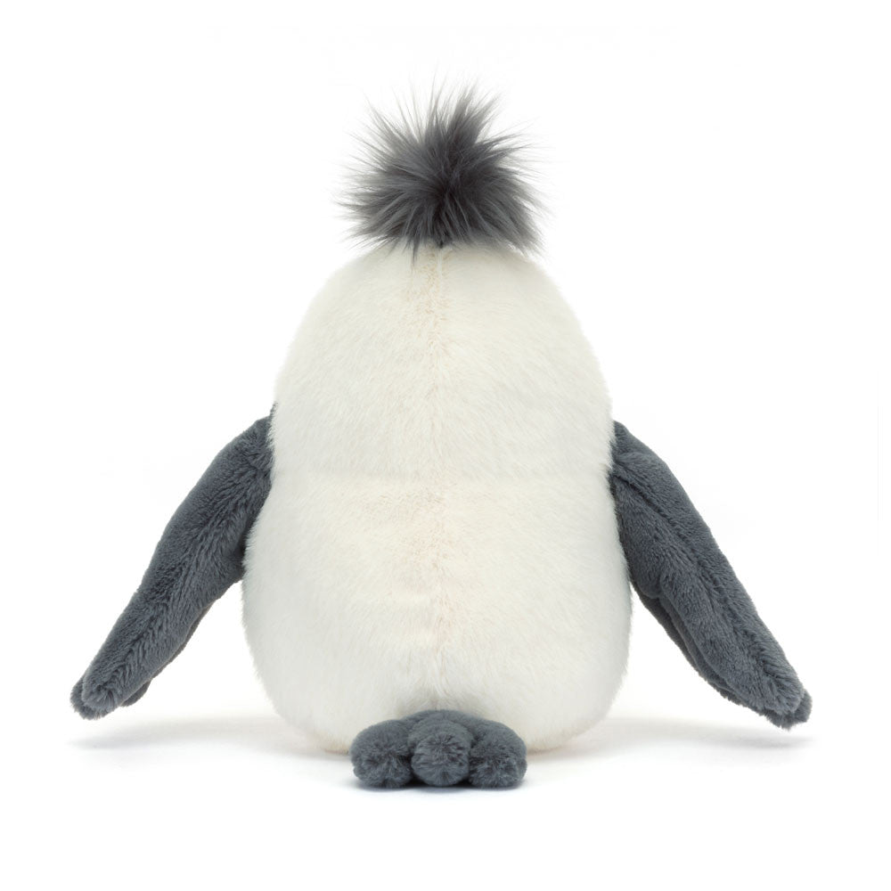 Rear view of Jellycat Chip Seagull showing the smooth white back, fluffy grey pom-pom crest, two grey wings spread outward, and grey webbed feet at the base, on a white background