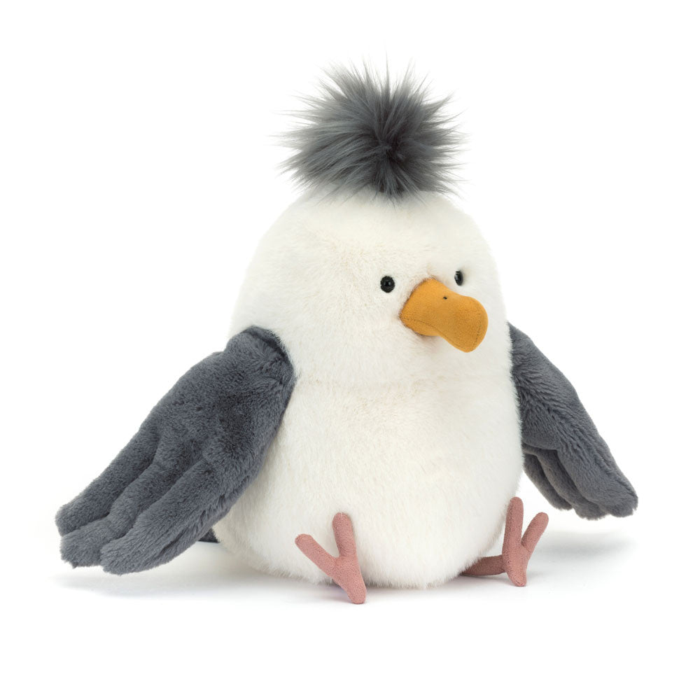 Jellycat Chip Seagull plush toy front-facing with round white body, fluffy grey pom-pom crest, yellow beak, grey wings, and pink webbed feet on a white background