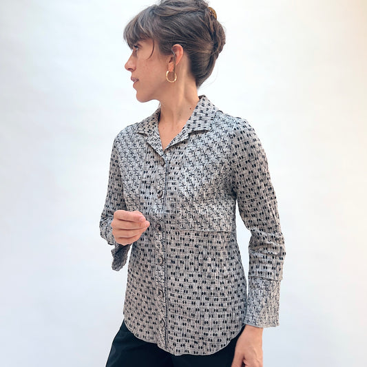 Habitat Mix & Match Geo Tunic in Mushroom, side view showing the crinkle-texture fabric, relaxed collar, and abstract geo dot-grid print
