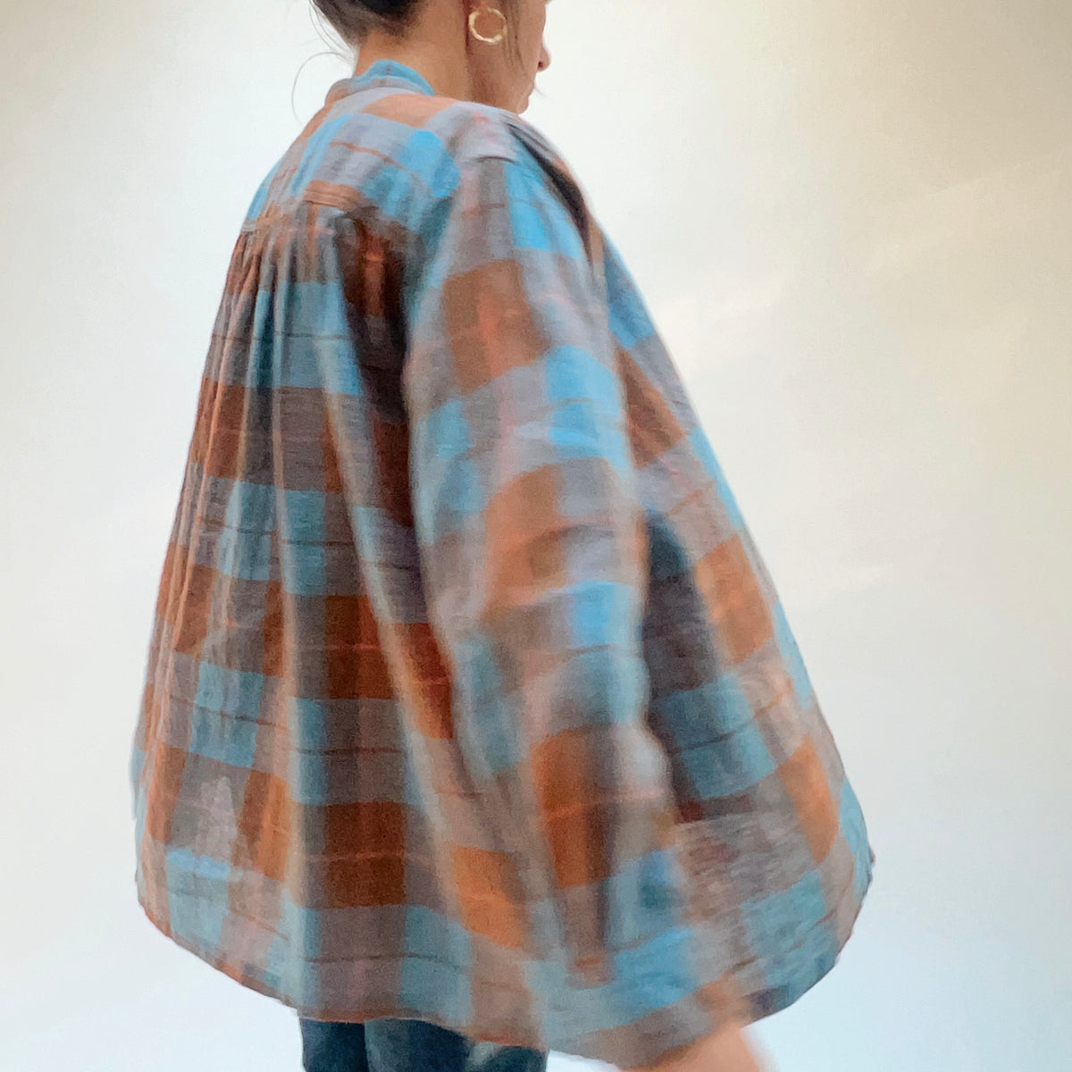 Ichi Antiquités Woven Plaid Check Shirt in Blue, angled back view showing the gathered shoulder yoke.
