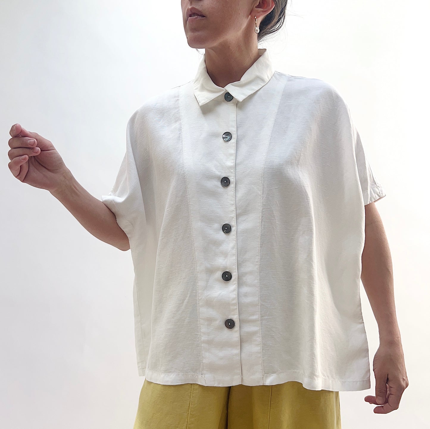 Linen Blend Cap Sleeve Shirt in Paper White