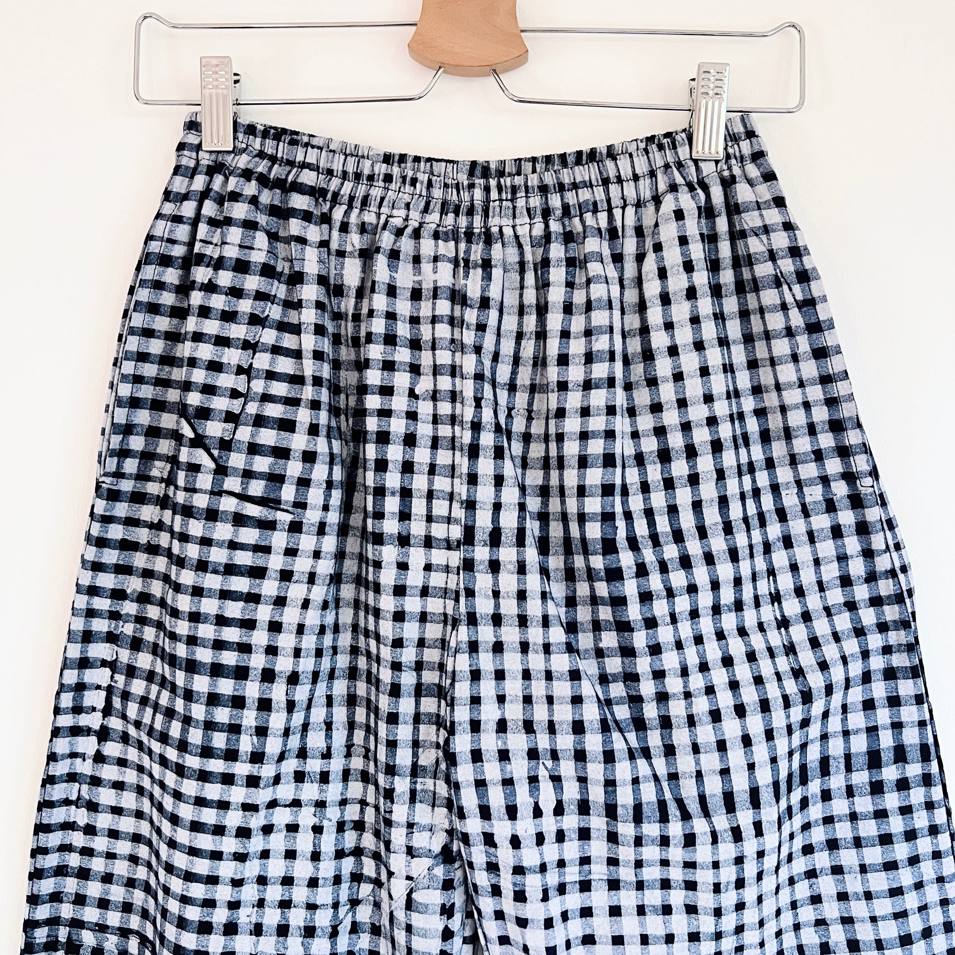 Detail of elastic waistband on Lazy Pants in Indigo Dots, hand-dyed indigo and white batik check cotton fabric

