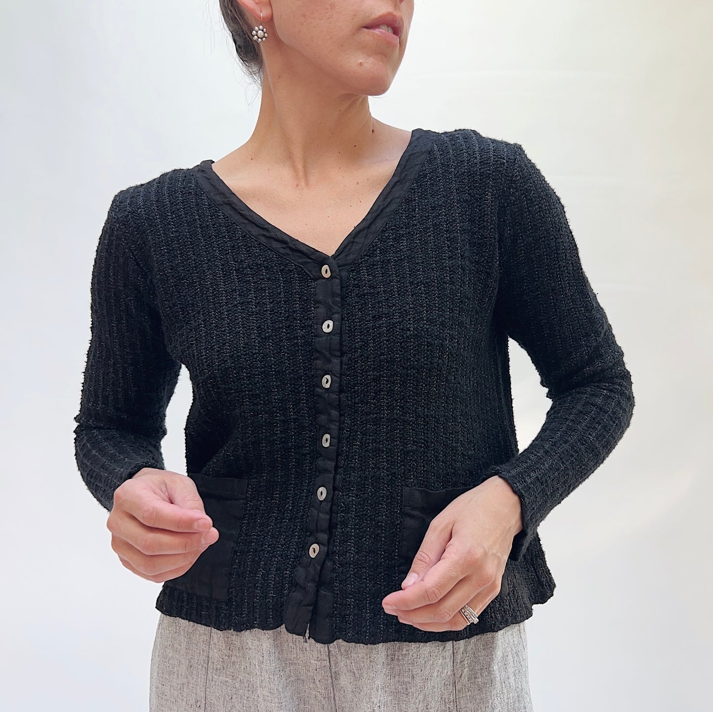 Linen and Knit Cropped Pocket Cardigan in Black
