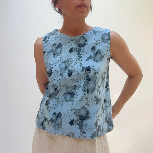 Linen Boxy Tank in Bellflower Leoni Floral Print