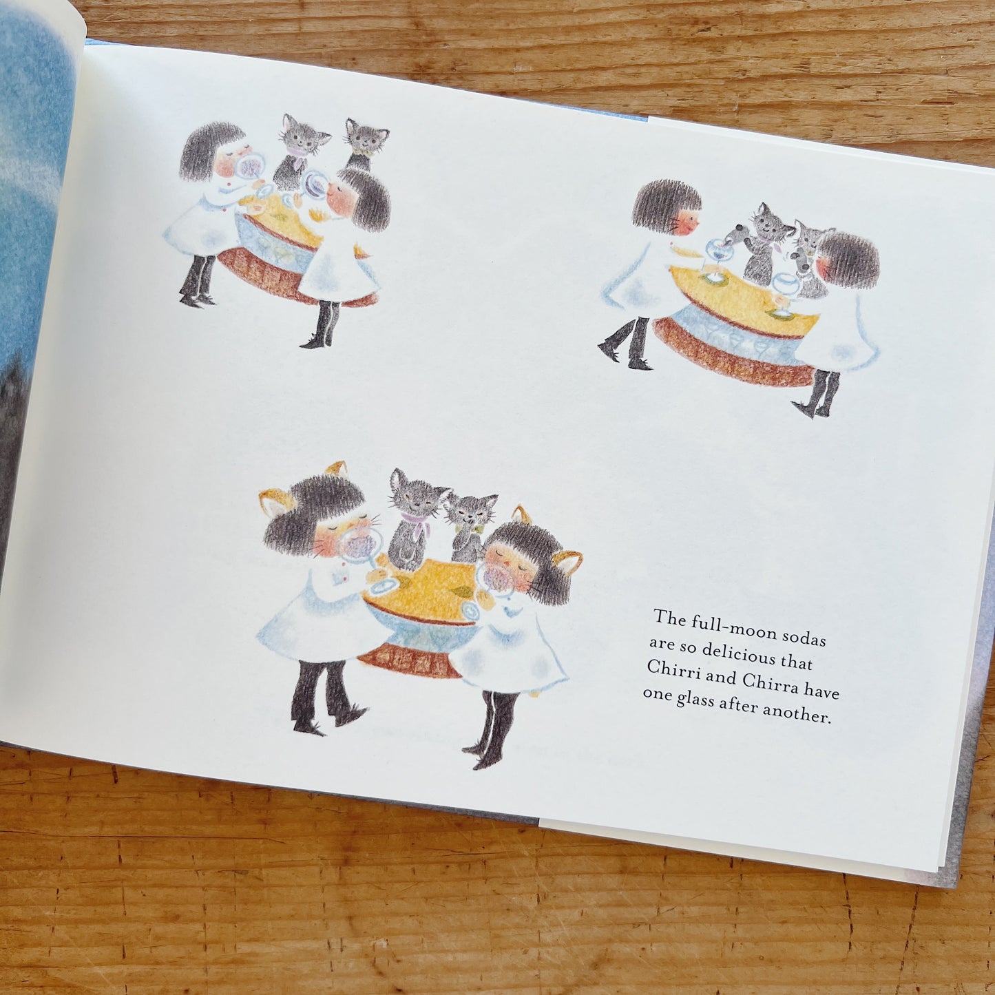 The book displayed open to a page showing the girls drinking soda at a table with two cats