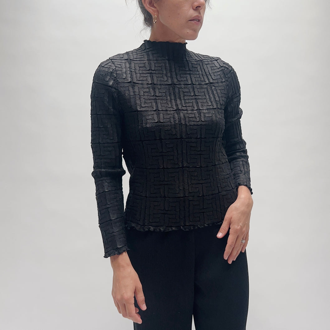 Vanite Couture | Long Sleeve Geometric Crinkle Top in Black