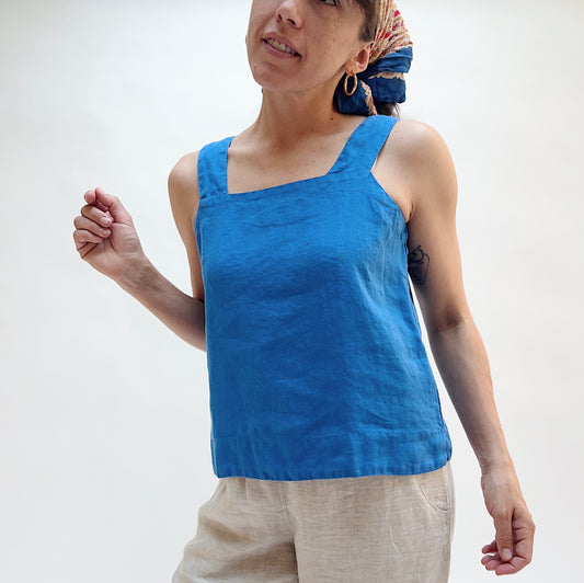 Square Neck Linen Tank in Vivid Blue