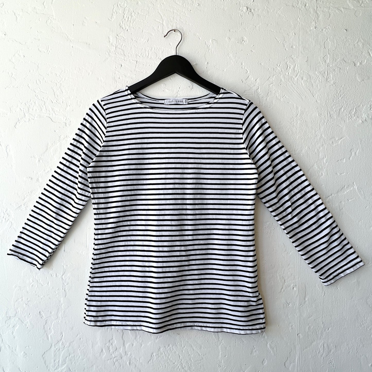 3/4 Sleeve Boatneck Tee Shirt in White Stripes