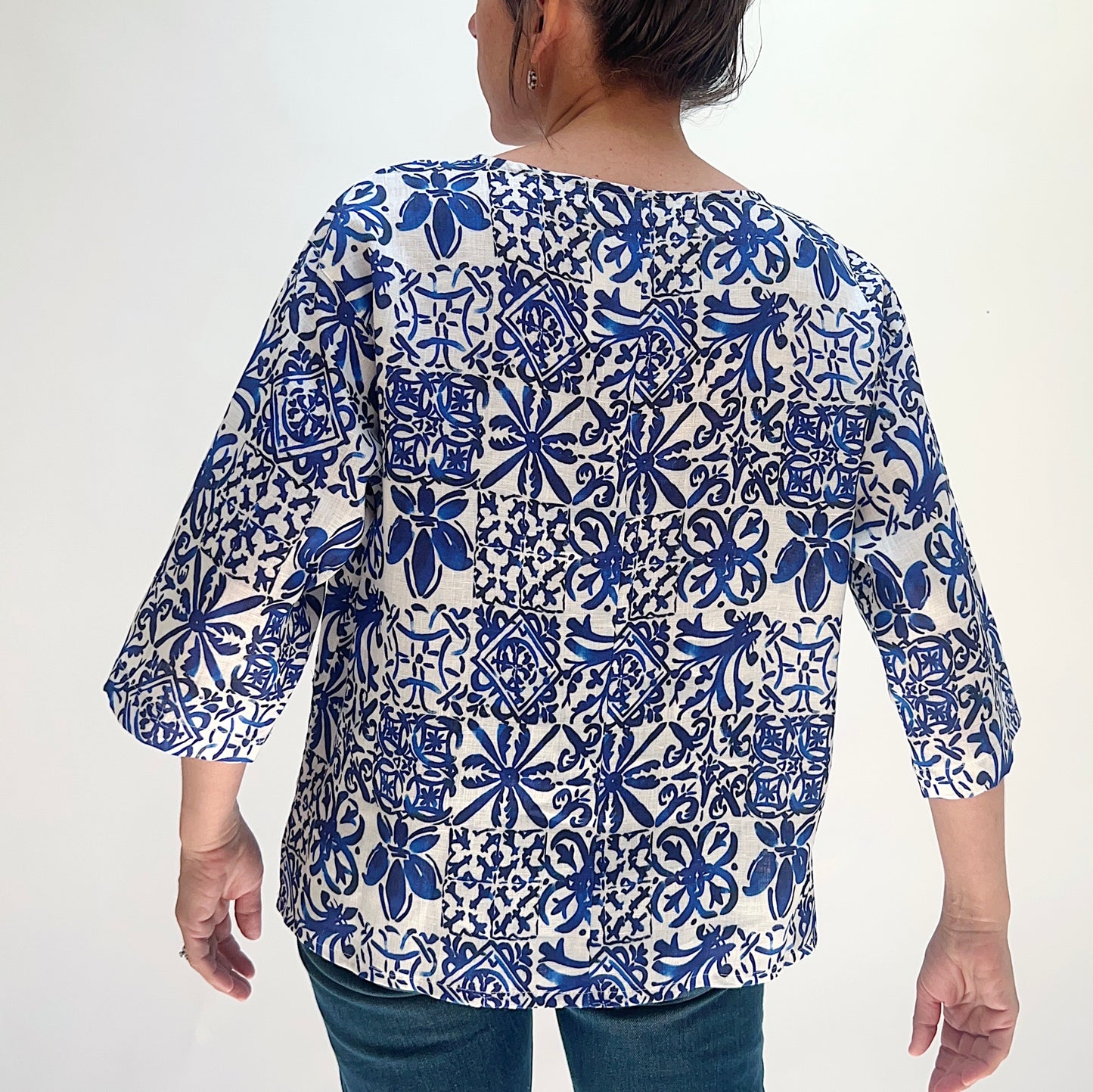 Linen Blue Tiles Print Top