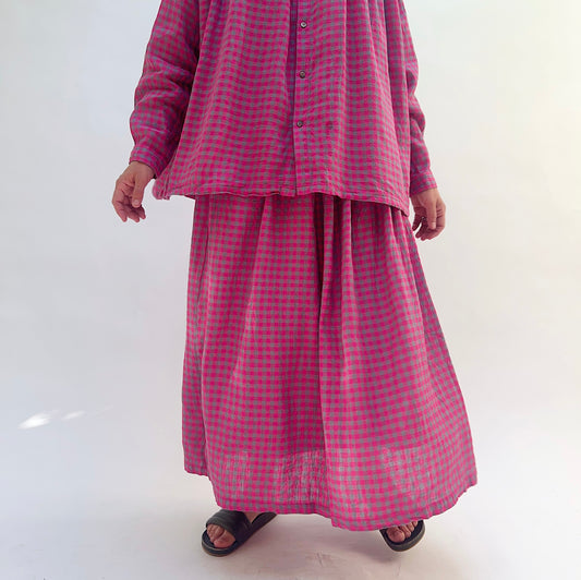 Woven Gingham Check Skirt in Bright Pink