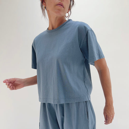 Close front view of model wearing Pacific Cotton vitznau crop crew tee, showing ribbed crew neckline, dusty blue color, and boxy fit