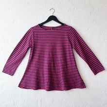 Load image into Gallery viewer, Cut Loose | 3/4 Sleeve A-Line Boatneck Top in Rhubarb &amp; Navy Stripe
