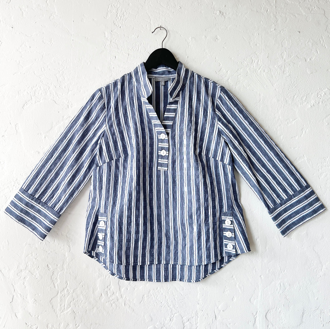 Palm Beach Stripe Ribbon Trim Tunic in Indigo