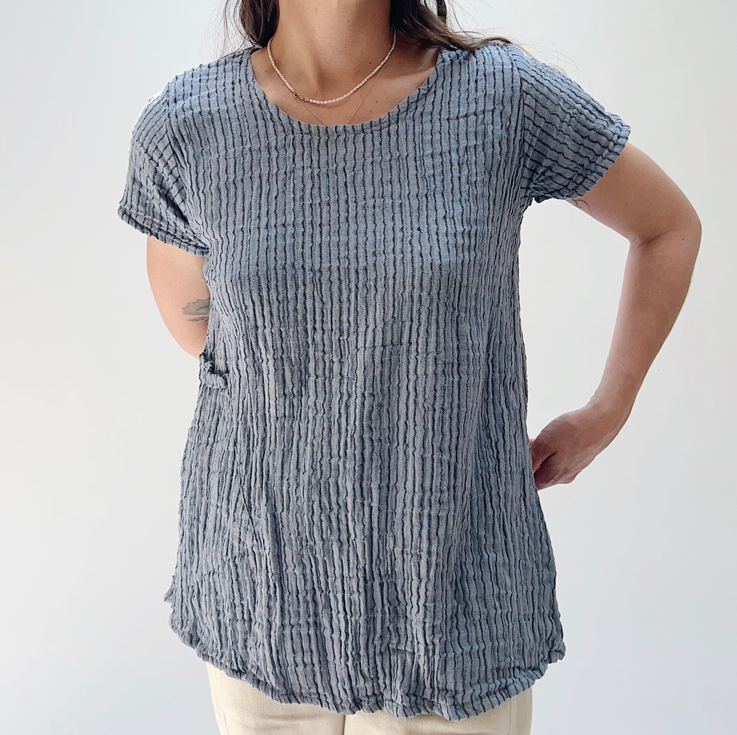 Nusantara | Double Gauze One Pocket Tee in Dapple Grey Stripe