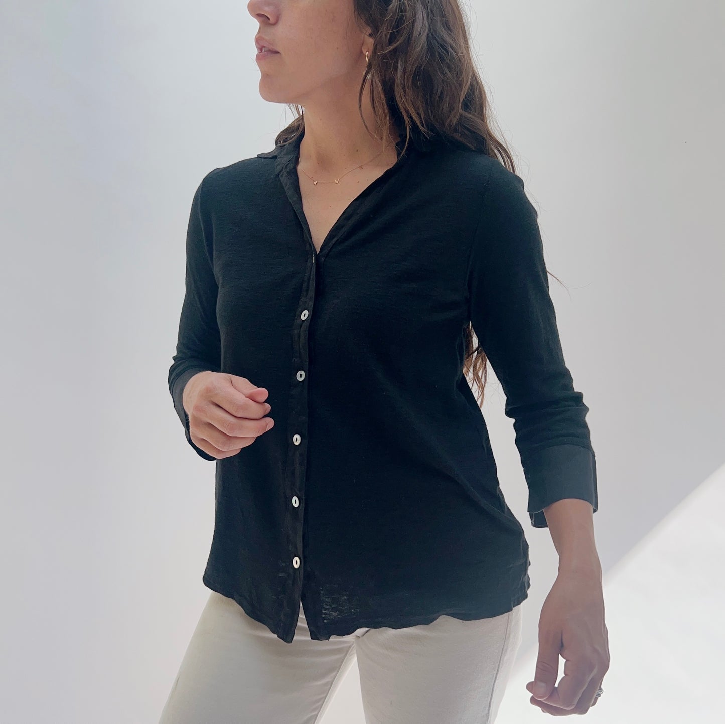 V-Neck Button Down in Black Linen Combo