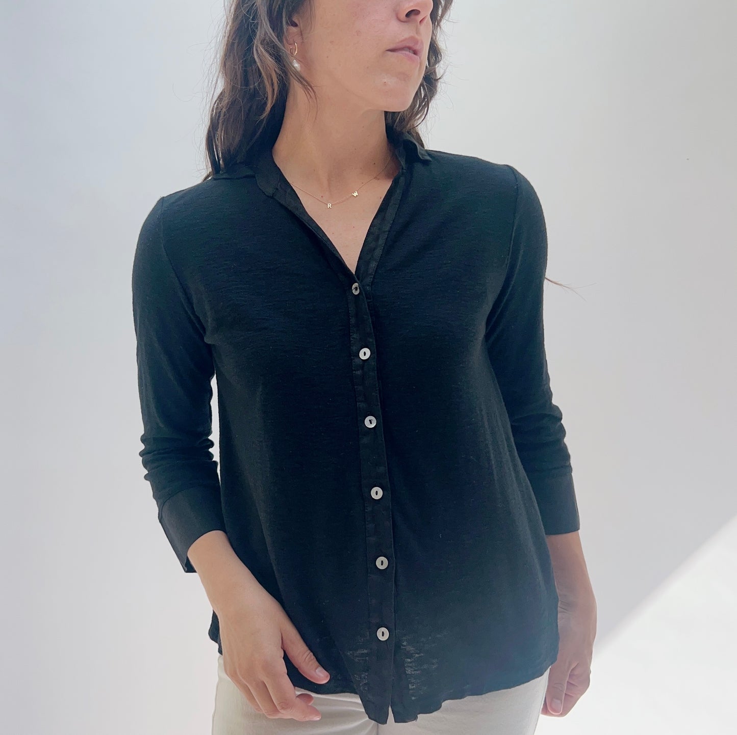 V-Neck Button Down in Black Linen Combo