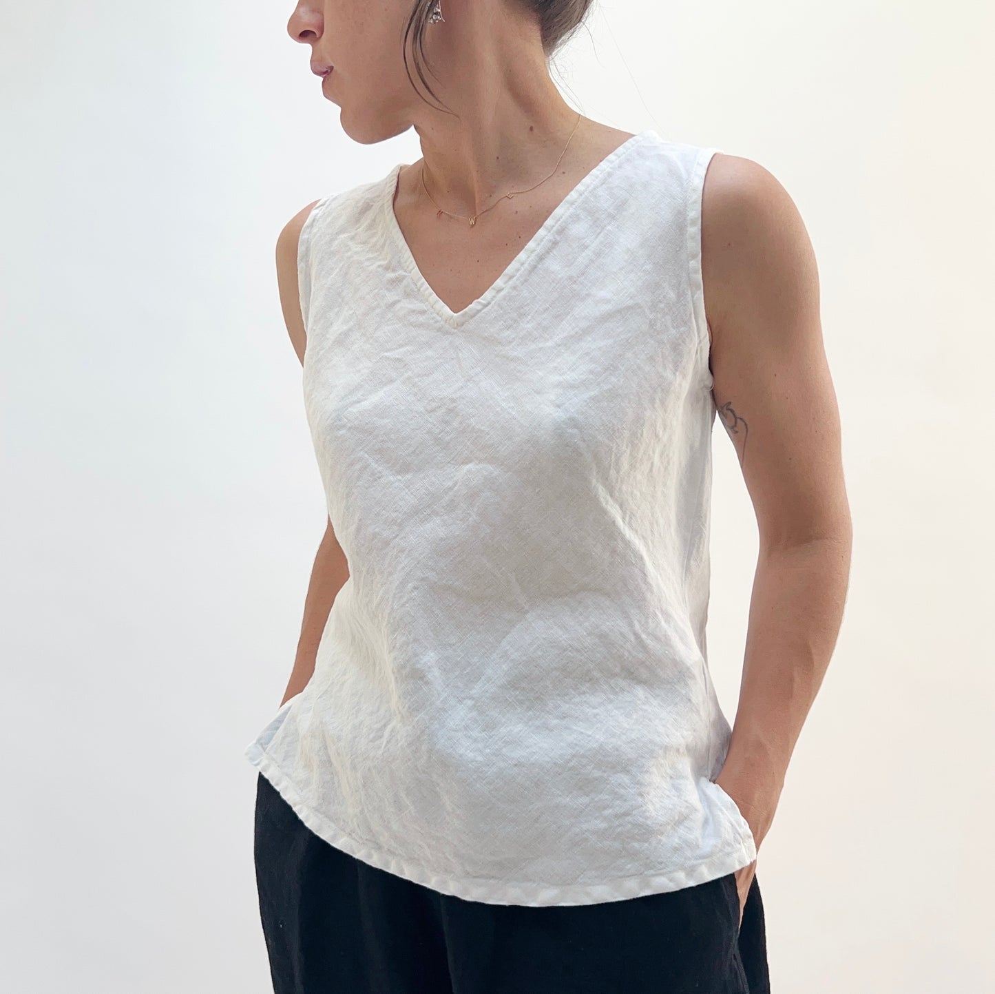 Linen V-Neck Bias Tank in White