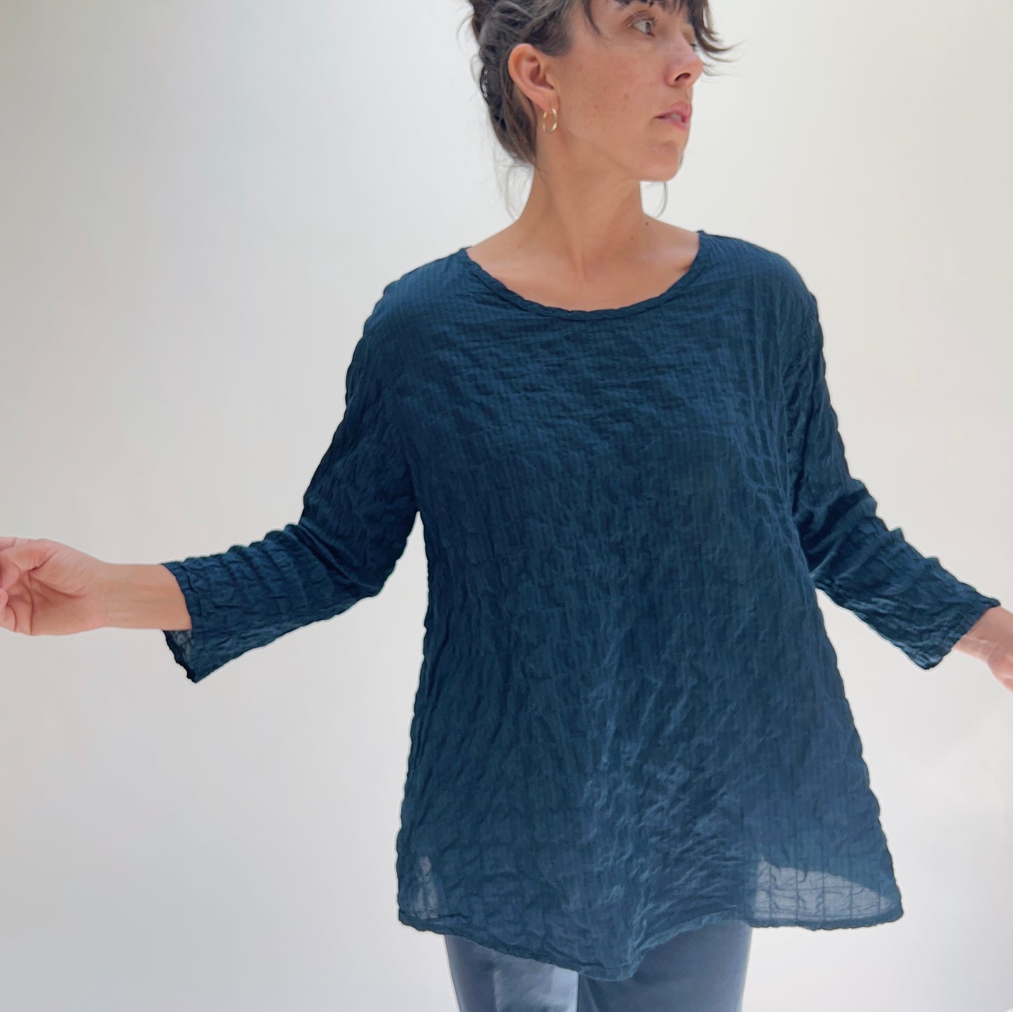 3/4 Sleeve A-Line Grid Top in Etan